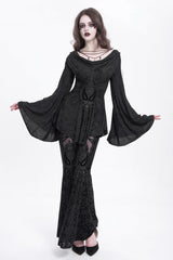Black Long Trumpet Sleeves Print Embroidery Women's Gothic Blouse - Product - 12
