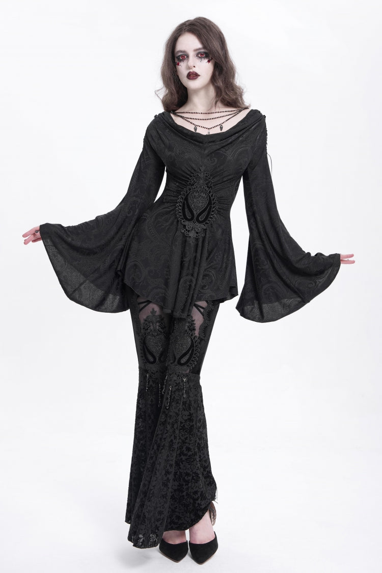 Black Long Trumpet Sleeves Print Embroidery Women's Gothic Blouse - Product - 12