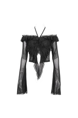 Black Lace Up Ruffled Trumpet Sleeves Mesh Women's Gothic Shirt - Product - 8