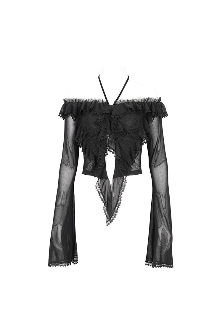 Black Lace Up Ruffled Trumpet Sleeves Mesh Women's Gothic Shirt - Product - 8