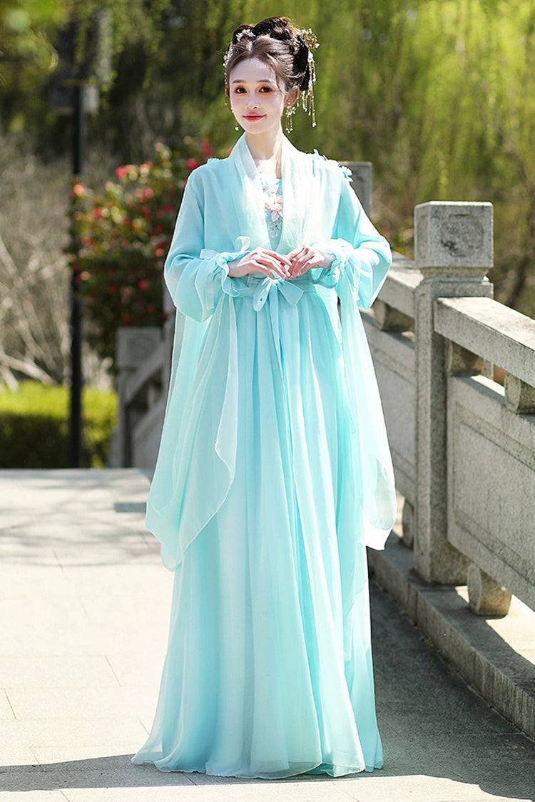 Blue Long Sleeves Print Embroidery Women's Sweet Classic Hanfu Dress Full Set - Product - 3