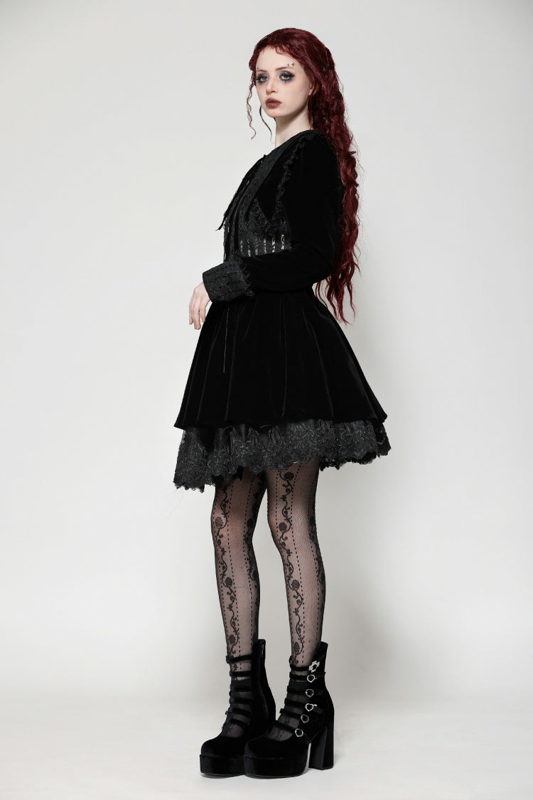 Black Long Sleeves Lace Women's Gothic Velvet Short Dress - Product - 8