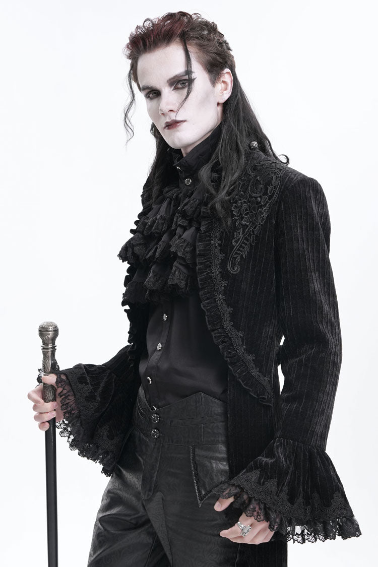 Black Stand Collar Swallow-tailed Long Sleeves Lace Men's Gothic Jacket - Product - 4