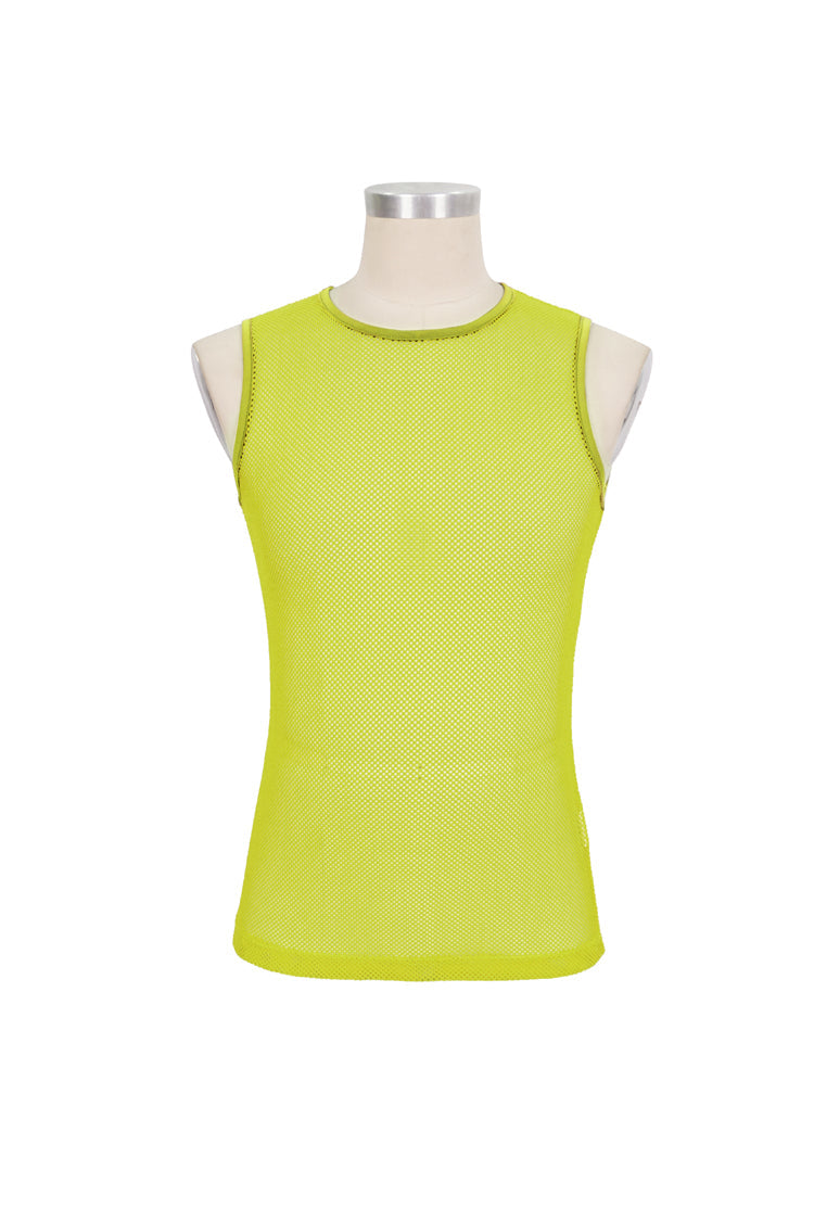 Yellow Elasticity Perspective Rhombus Net Yarn Sleeveless Men's Gothic T-Shirt - Product - 6