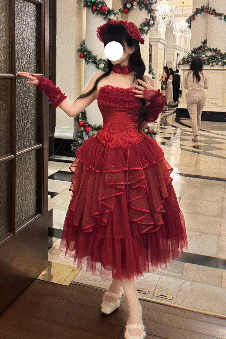 Red [The Summer Waves Sparkle] Square Collar Sleeveless Multi-Layered Ruffled Bow Lace-Up Slim Classic Lolita Skirt Set - Product - 16