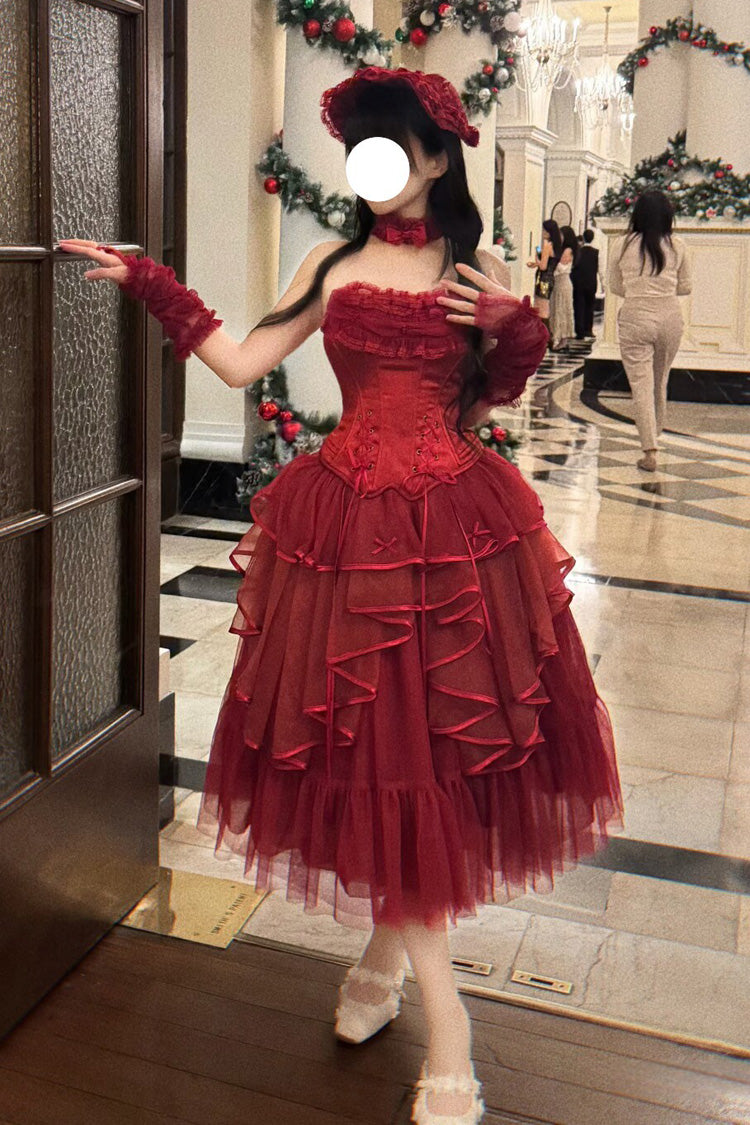 Red [The Summer Waves Sparkle] Square Collar Sleeveless Multi-Layered Ruffled Bow Lace-Up Slim Classic Lolita Skirt Set - Product - 16