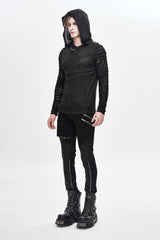 Black Collar Metal Button Irregular Striped Patchwork Bandage Hooded Men's Punk T-Shirt - Product - 5