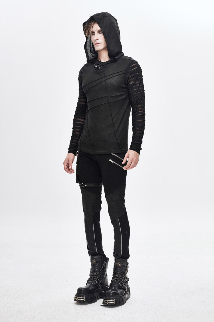 Black Collar Metal Button Irregular Striped Patchwork Bandage Hooded Men's Punk T-Shirt - Product - 5