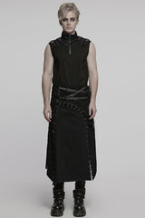 Black Faux Leather Stitching Lace-Up Irregular Mesh Men's Gothic Kilt - Product - 4