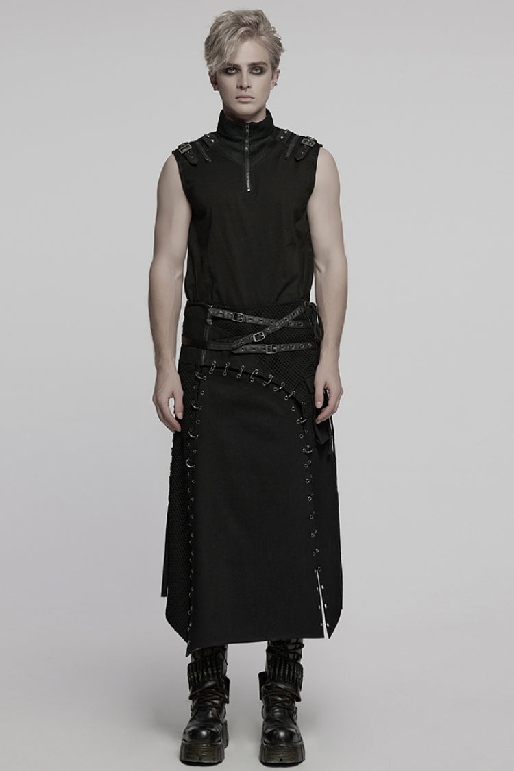 Black Faux Leather Stitching Lace-Up Irregular Mesh Men's Gothic Kilt - Product - 4