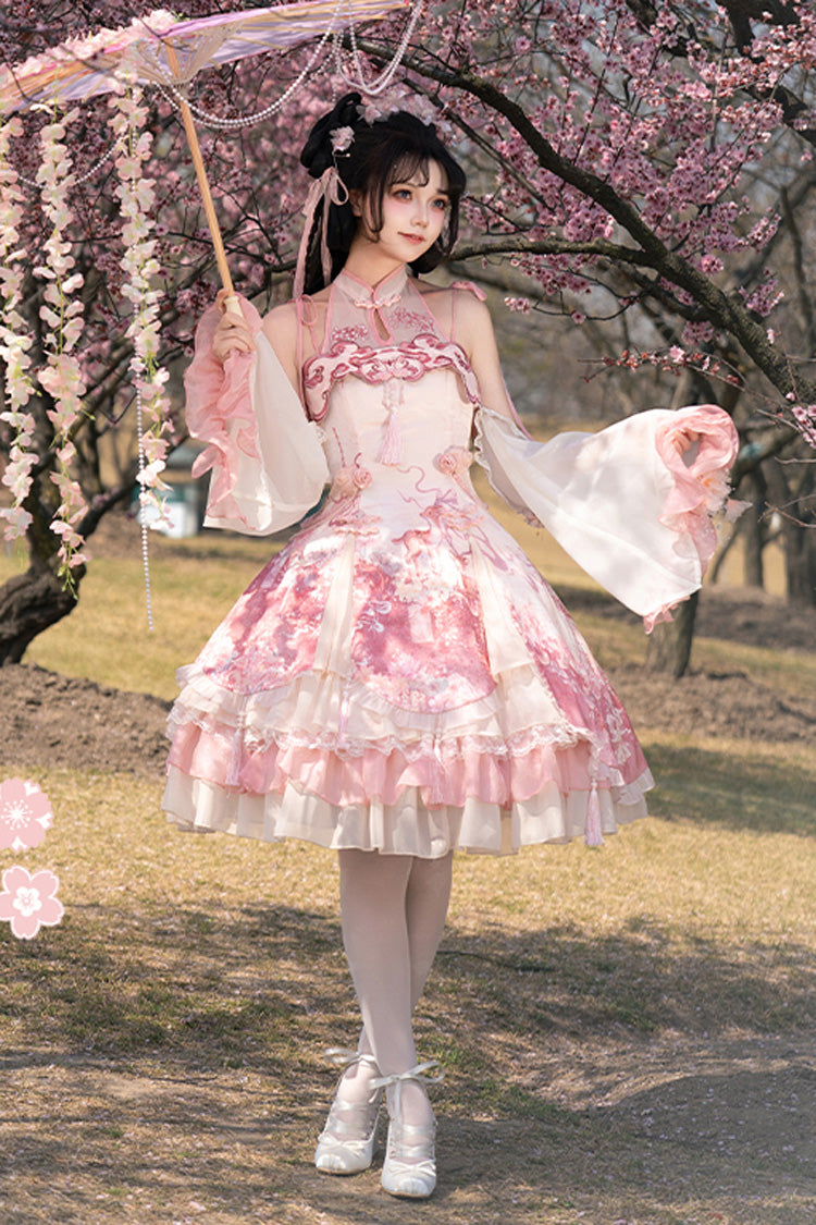 Pink [Flower Feast] Multi-Layered Print Ruffle Bowknot Sweet Chinese Style Lolita Jsk Dress - Product - 7