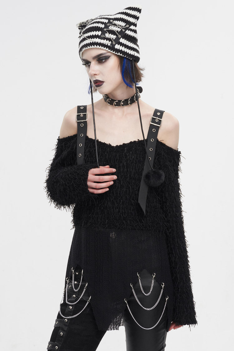 Black Irregular Off Shoulder Fluffy Women's Punk Sweater - Product - 3