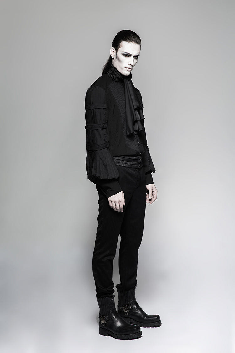 Black Stripes Long Sleeves Print Mens Gothic Blouse With Necktie - Product - 4