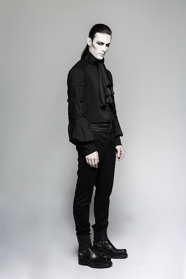 Black Stripes Long Sleeves Print Mens Gothic Blouse With Necktie - Product - 4