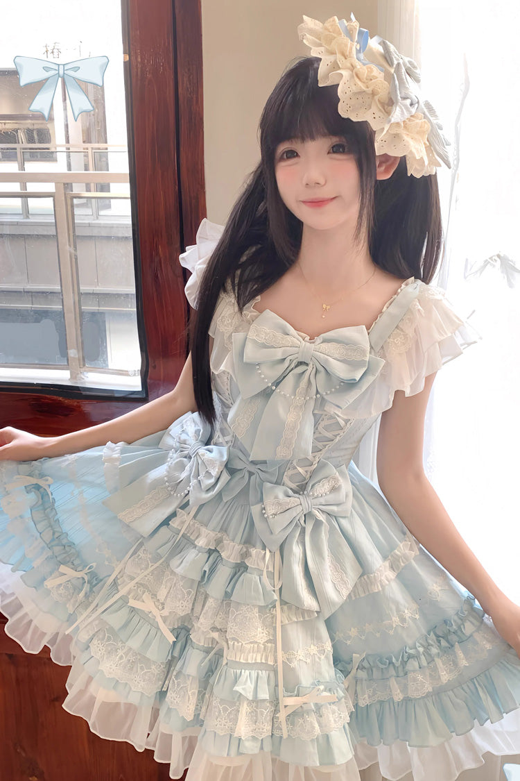Blue [Snow Top Doll] Sleeveless Multi-Layered Ruffled Bow Lace Princess Sweet Lolita Tiered Dress - Product - 4