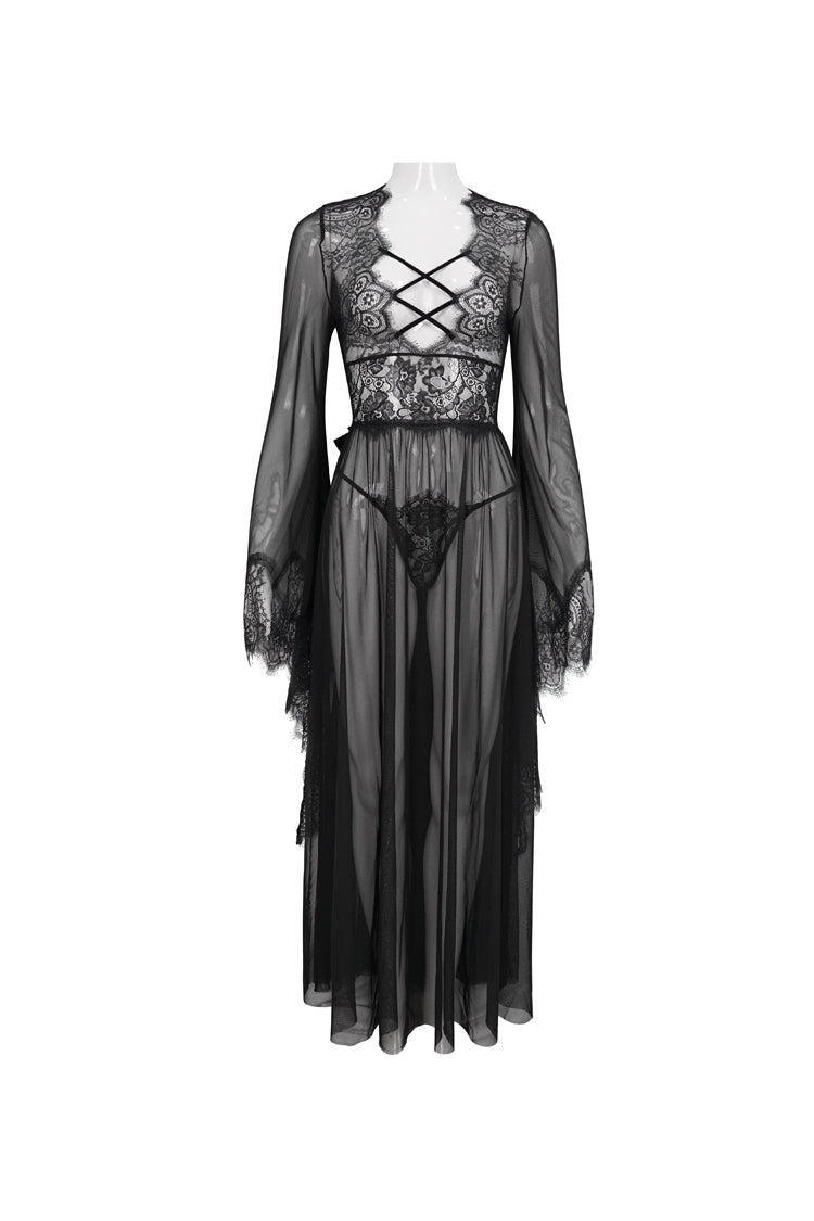 Black Perspective V-Neck Sexy Backless Lace Up Lace Flare Sleeve Women's Gothic Dress - Product - 8
