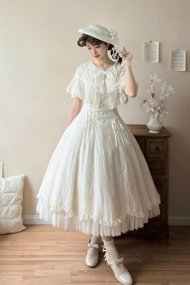 White [Wind Chime] Ruffled Embroidered Bow Lace Lace-Up Sweet Lolita Dress - White - 1