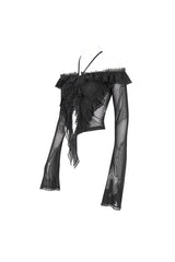 Black Lace Up Ruffled Trumpet Sleeves Mesh Women's Gothic Shirt - Product - 9