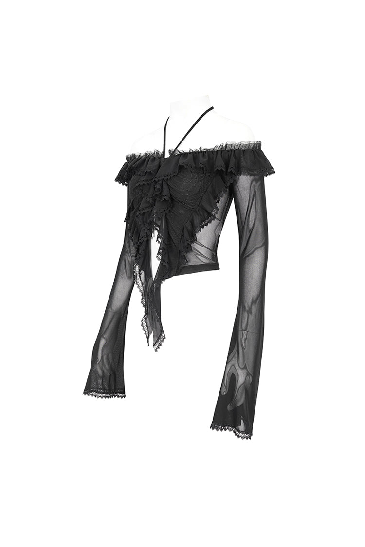 Black Lace Up Ruffled Trumpet Sleeves Mesh Women's Gothic Shirt - Product - 9