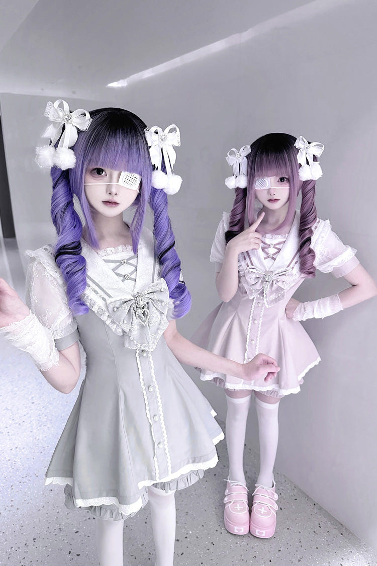 Sweet Short Sleeves Print Bowknot Jirai Kei Japanese Dress Set 3 Colors - Product - 12