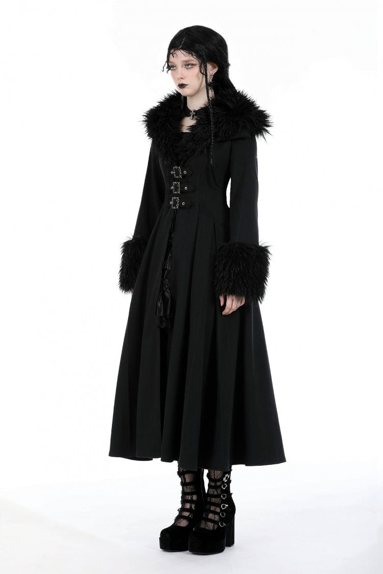 Black Long Sleeves Lace-Up Buckled Women's Gothic Draped Coat with Faux Fur Collar - Product - 8