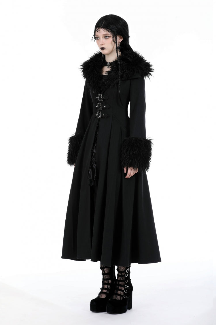 Black Long Sleeves Lace-Up Buckled Women's Gothic Draped Coat with Faux Fur Collar - Product - 8