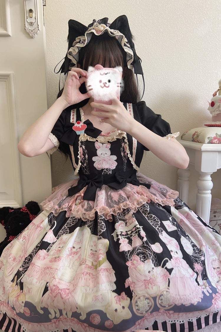 Rabbit Bear Wardrobe Print Ruffle Bowknot Sweet Lolita Dress 3 Colors - Product - 3