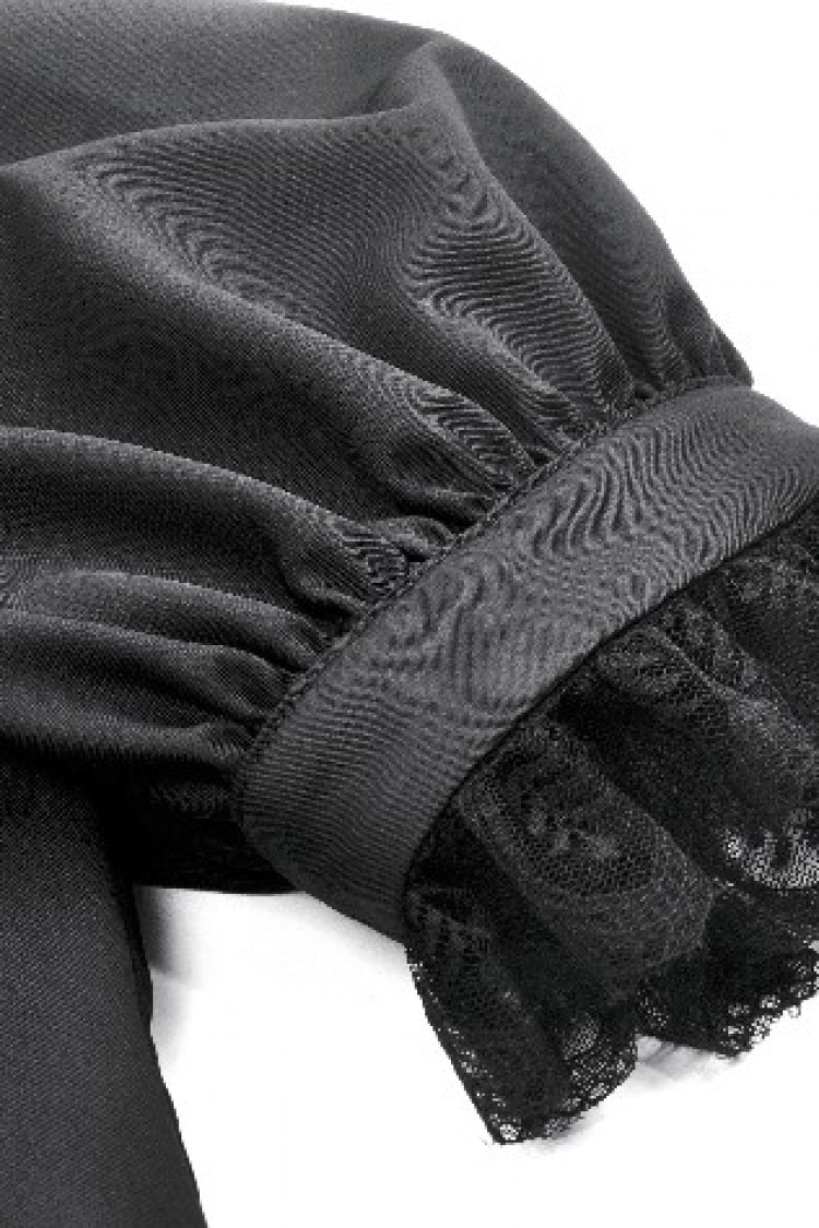 Black Point Lapel Collar Short Puff Sleeves Women's Gothic Blouse with Removable Rosette Cravat - Product - 20