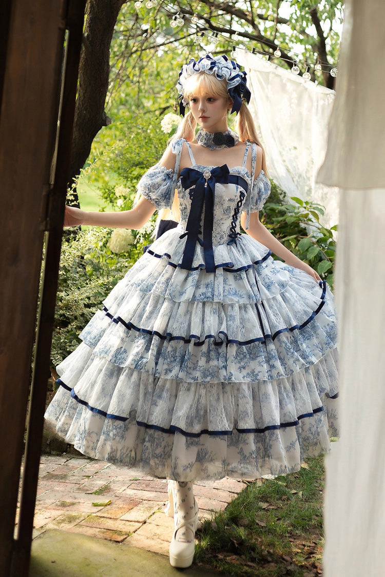 Blue/White Sleeveless Multi-Layered Print Bowknot Fishbone Sweet Classic Chinese Style Lolita Jsk Long Dress - Product - 2