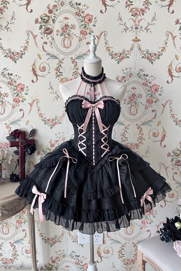 Black/Pink Tube Top Sleeveless Ruffle Bowknot Gothic Lolita Jsk Tiered Dress - Black/Pink - 1