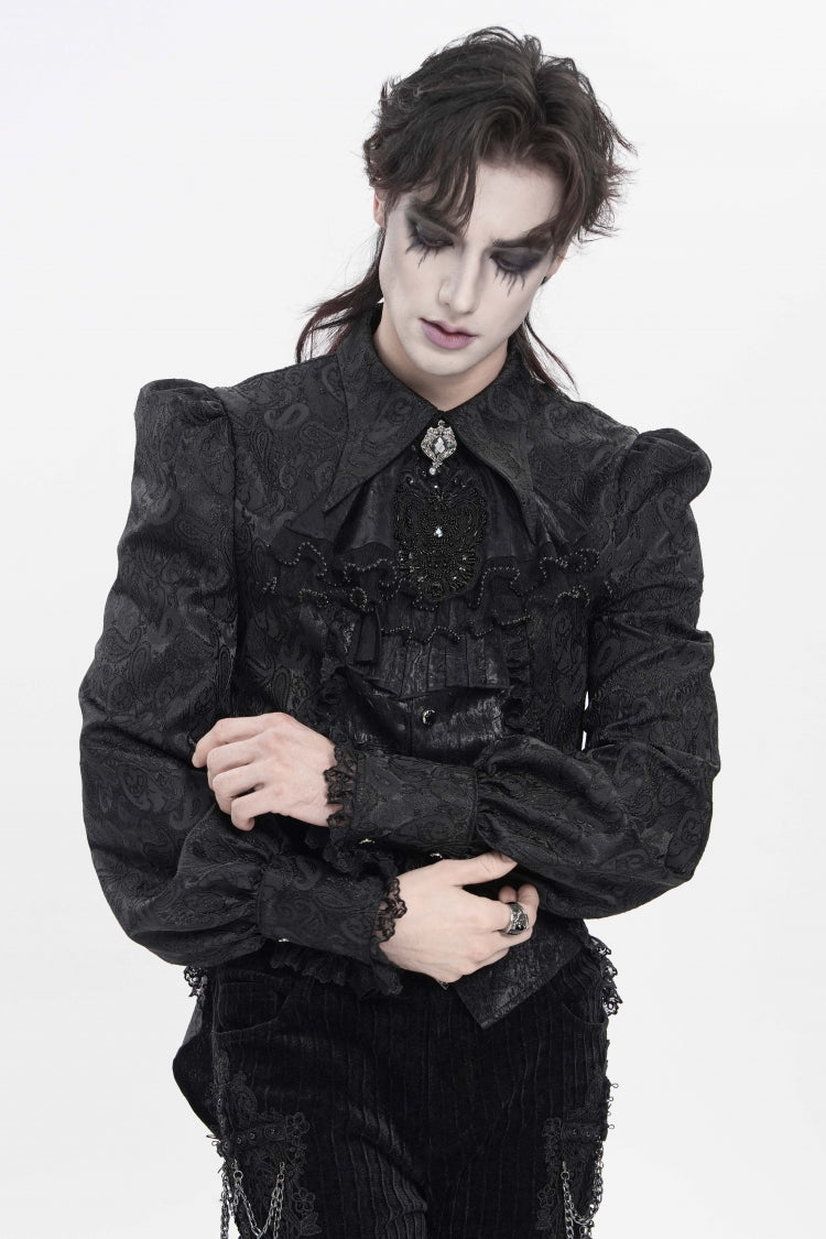 Black Lapel Collar Long Lantern Sleeves Jacquard Embroidered Lace Men's Gothic Palace Swallow-tailed Shirt with Necktie - Product - 11