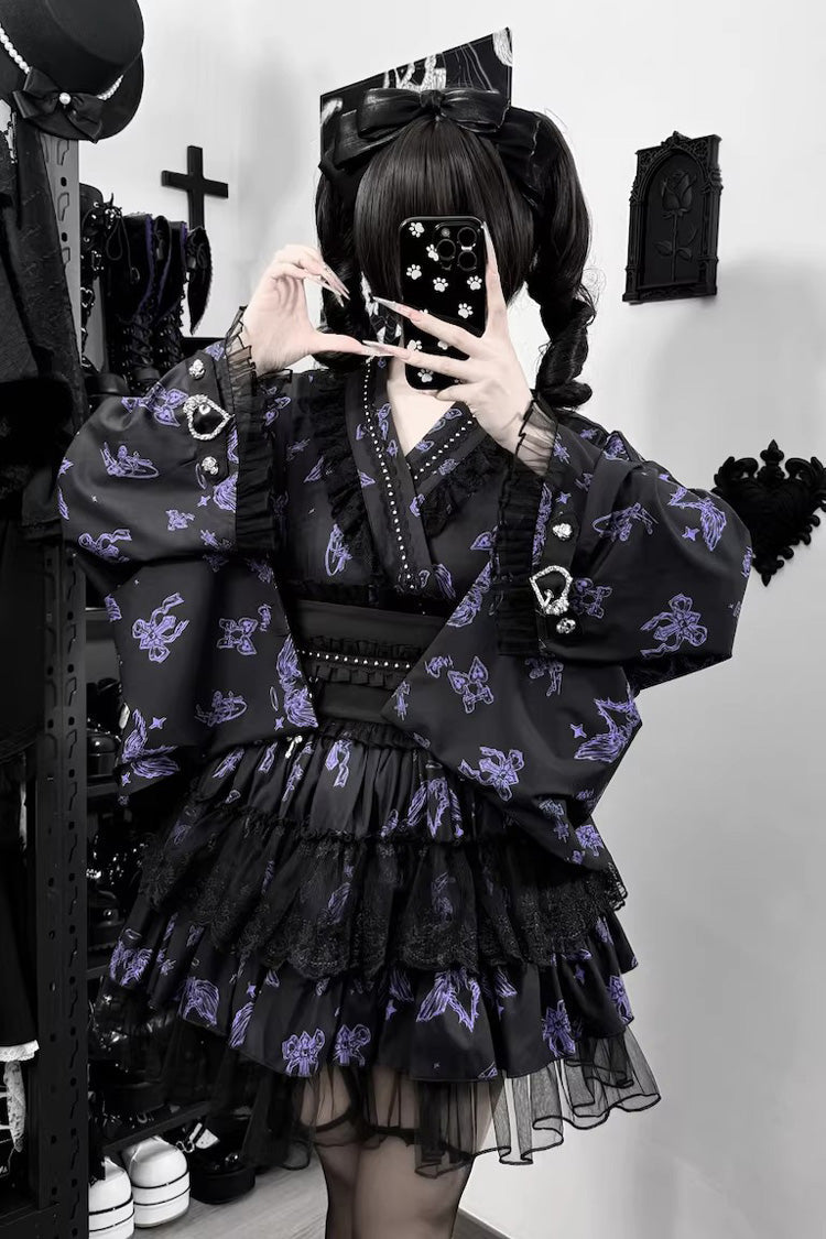 Jirai Kei Long Sleeves Printed Ruffled Lace Studded Gothic Japanese Top and Skirt Set 3 Colors - Black/Purple - 10