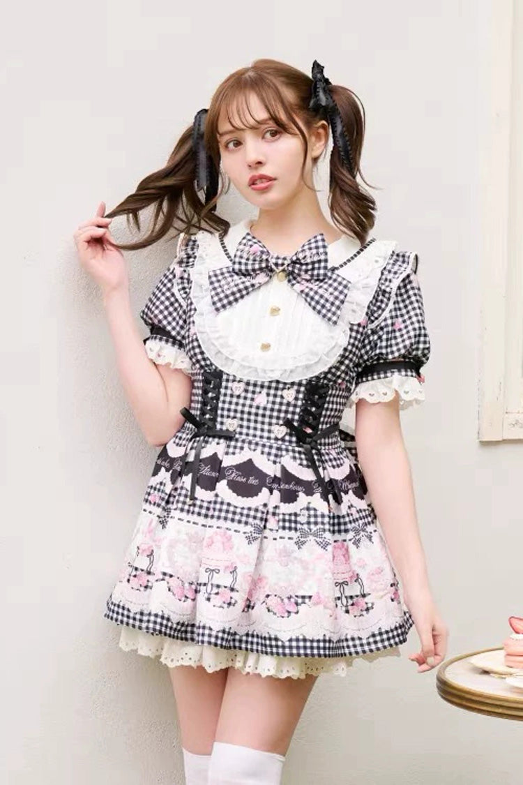 [Tea Party] Lapel Collar Short Sleeves Printed Bow Lace-Up Sweet Jirai Kei Plus Size Dress 3 Colors - Product - 2