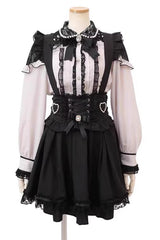 Black Ruffled Bow Lace-Up Pearl-Decorated Gothic Jirai Kei Skirt - Black - 1