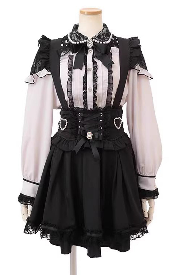 Black Ruffled Bow Lace-Up Pearl-Decorated Gothic Jirai Kei Skirt - Black - 1
