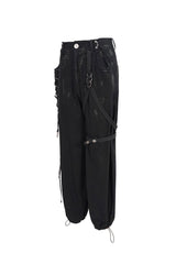 Black Irregular Print Single Side Frenulum Ring Legs Drawstring Closing Women's Punk Pants - Product - 8