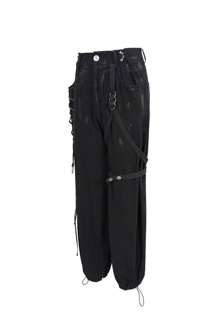 Black Irregular Print Single Side Frenulum Ring Legs Drawstring Closing Women's Punk Pants - Product - 8