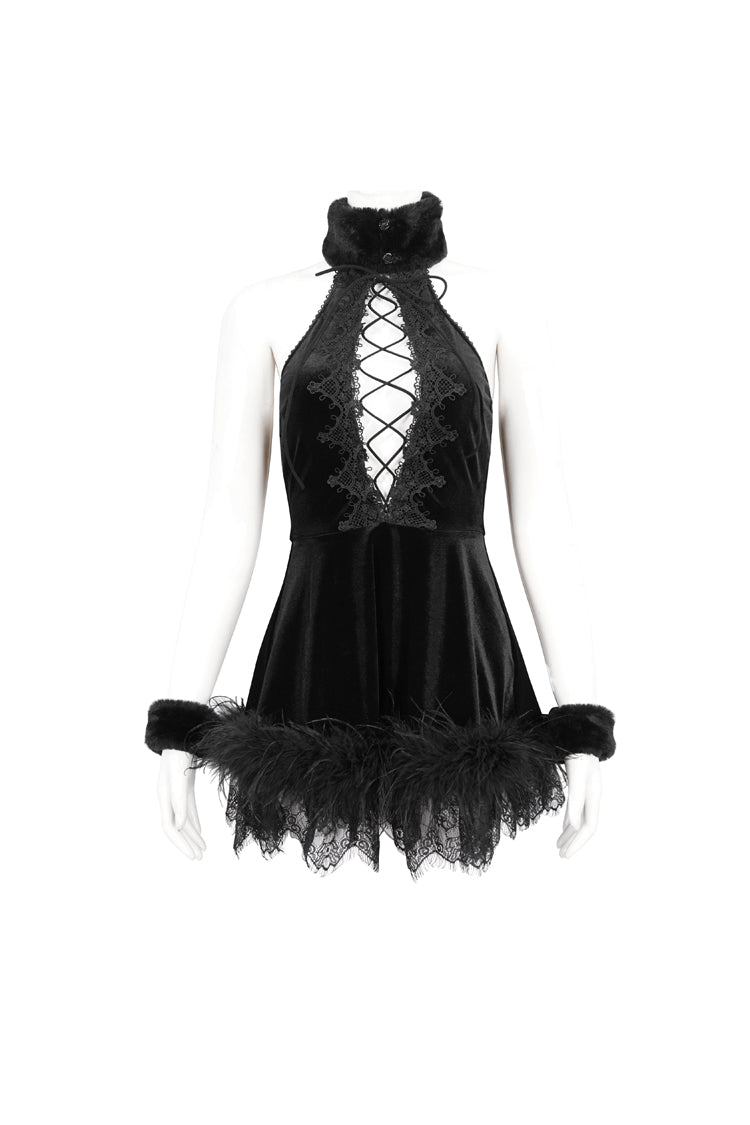 Black Halterneck Fluffy Splice Velvet Women's Gothic Dress - Product - 7