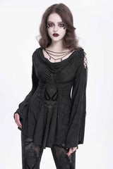 Black Long Trumpet Sleeves Print Embroidery Women's Gothic Blouse - Product - 3