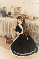 Black Lapel Collar Bowknot Short Sleeves Ruffled Sweet Lolita Maid OP Dress (Apron is included) - Product - 5