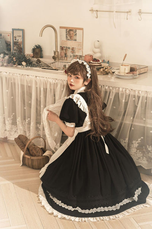 Black Lapel Collar Bowknot Short Sleeves Ruffled Sweet Lolita Maid OP Dress (Apron is included) - Product - 5