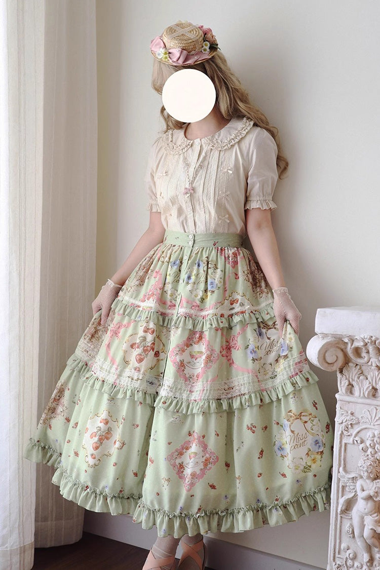 Green [Cat Rose Tea] Print Ruffle Daily Sweet Lolita Skirt - Green - 1