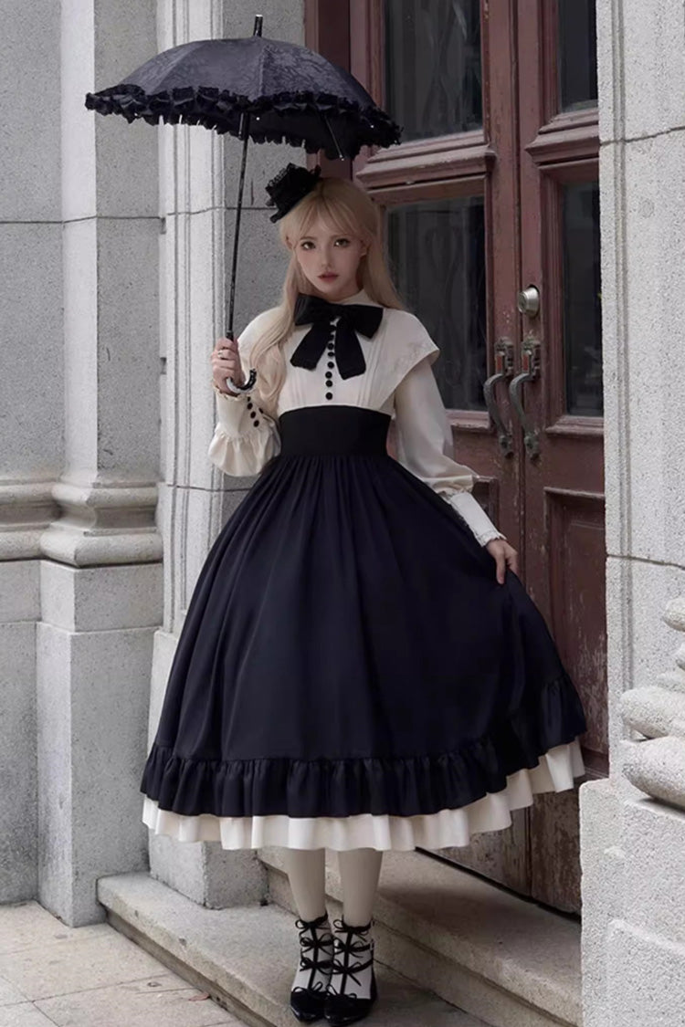 Rose Embroidery Long Sleeves Ruffle Bowknot Fake Two Pieces Elegant Lolita Dress 2 Colors - Product - 2