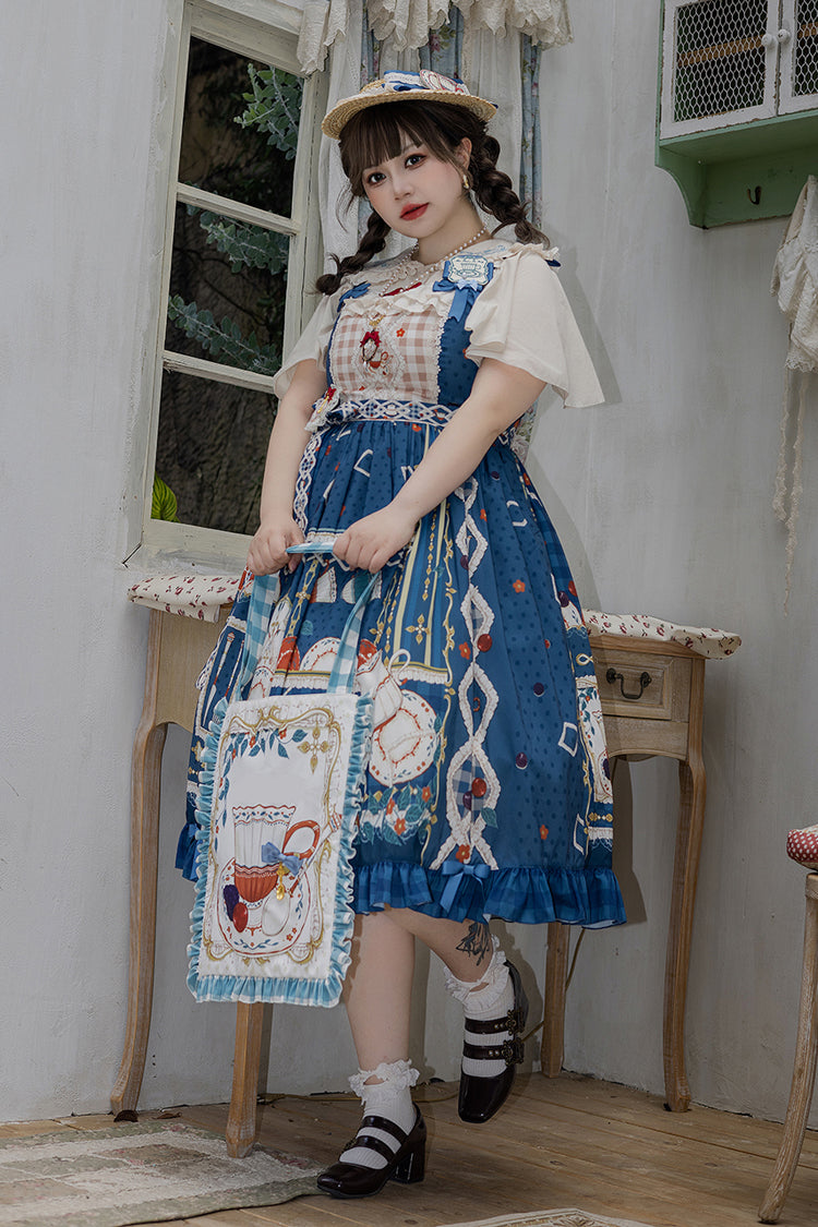Dark Blue [Tea Party] Print Ruffle Bowknot Lace Sweet Elegant Lolita Jsk Dress - Product - 8