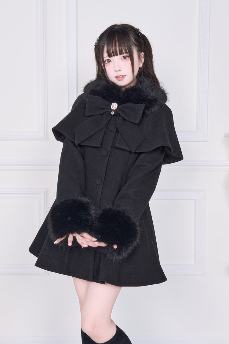 Black Plush Collar Long Sleeves Bowknot Japanese Sweet Lolita Coat - Black - 1