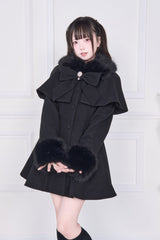 Black Plush Collar Long Sleeves Bowknot Japanese Sweet Lolita Coat - Black - 1