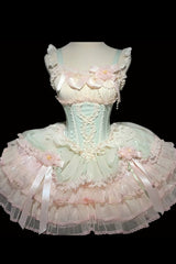 [Flowing Light Gift Box] Square Collar Sleeveless Multi-Layered Ruffled Bow Elegant Ballet Sweet Lolita Jsk Dress 6 Colors - Green - 11