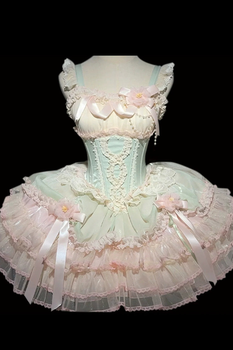 [Flowing Light Gift Box] Square Collar Sleeveless Multi-Layered Ruffled Bow Elegant Ballet Sweet Lolita Jsk Dress 6 Colors - Green - 11