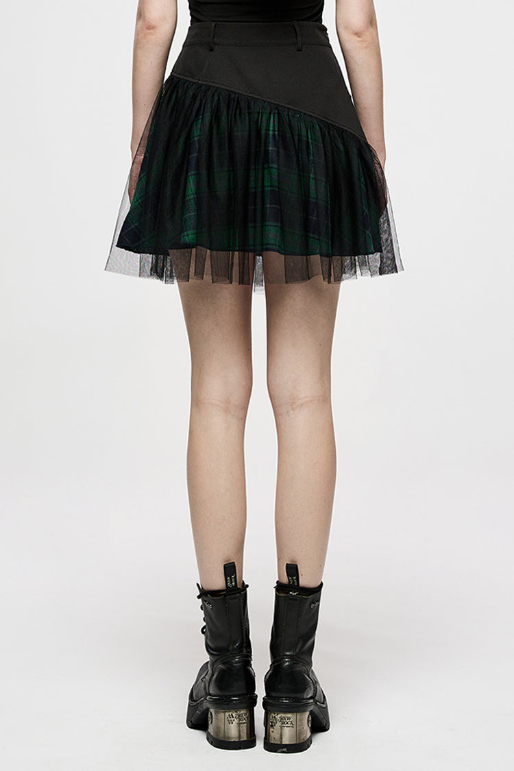 Green Cotton Splicing Mesh Plaid Personalized Pocket Decoration Waist Punk Women's Short Skirt - Product - 3