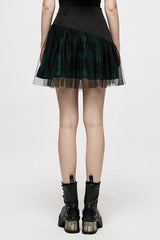 Green Cotton Splicing Mesh Plaid Personalized Pocket Decoration Waist Punk Women's Short Skirt - Product - 3